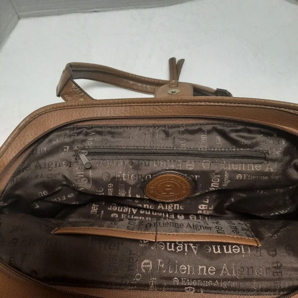 Etienne Aigner Signature Canvas Leather Satchel Shoulder Bag Brown Tan Monogram